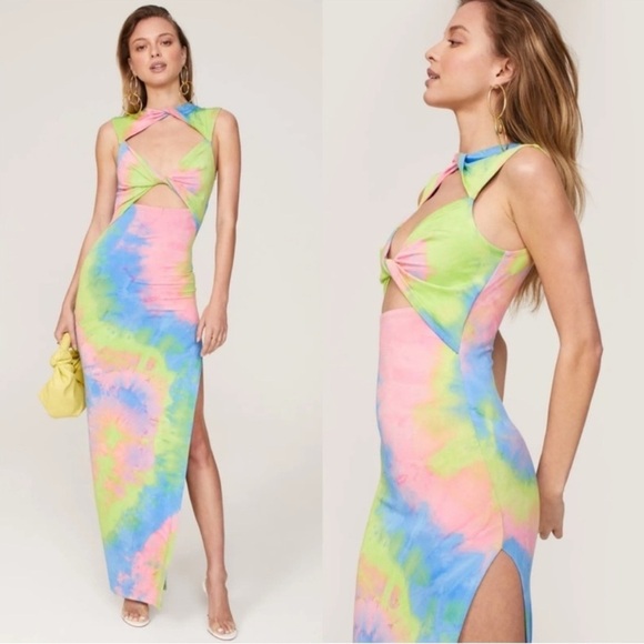 Bronx & Banco Tie Dye Multicolor Slit Gala Formal Daphnie Maxi Dress Size 8 - Picture 1 of 9